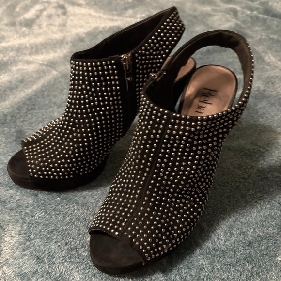 Reba Black Suede Silver Studded Peep Toe Heeled Shoes Size 9.5 - Picture 1 of 6